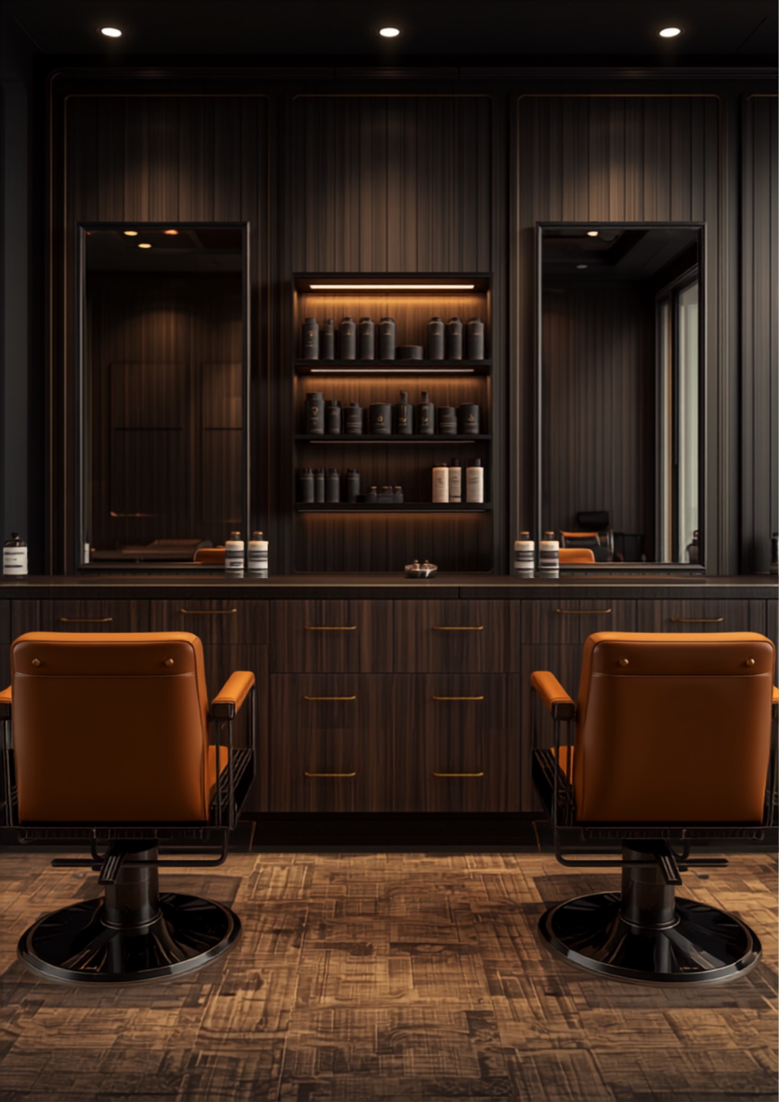 Interior da barbearia com cadeiras de couro
