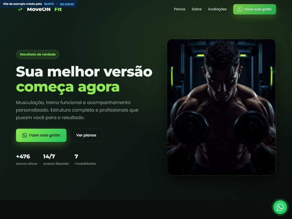 Prévia do site de Academia / Personal criado pela ByteFix