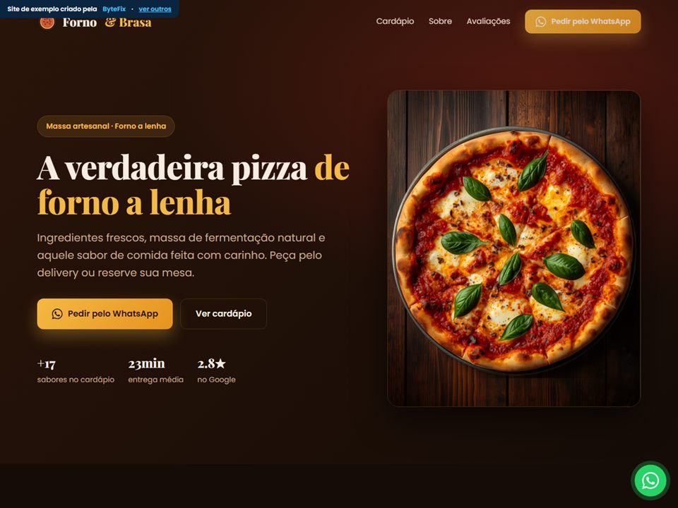 Prévia do site de Pizzaria / Restaurante criado pela ByteFix